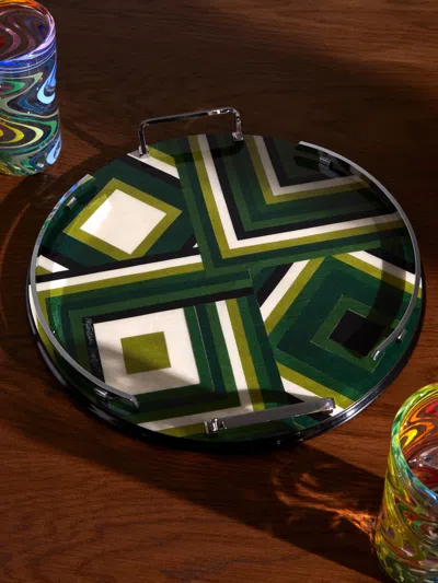 Mastellone Giuseppe Wood Inlay Round Tray (12.5in/32cm) In Green