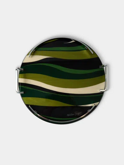 Mastellone Giuseppe Wood Inlay Round Tray (12.5in/32cm) In Green