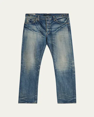 Master Craft Union Men's Waistband-tab Faded Denim Straight-leg Jeans In Blue