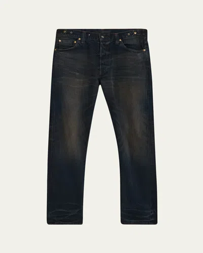 Master Craft Union Men's Waistband-tab Dark-wash Denim Straight-leg Jeans In Black
