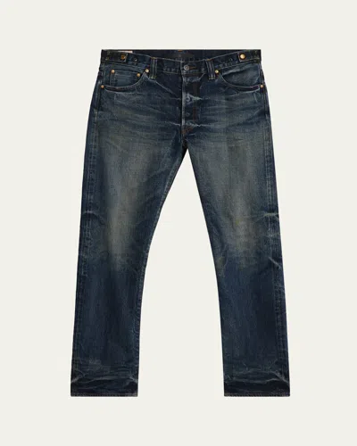 Master Craft Union Men's Waistband-tab Faded Denim Straight-leg Jeans In Blue