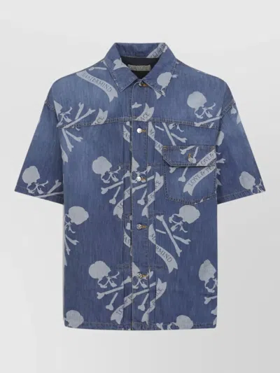 Mastermind Japan Aloha Short Sleeve Printed Denim Shirt In Blue