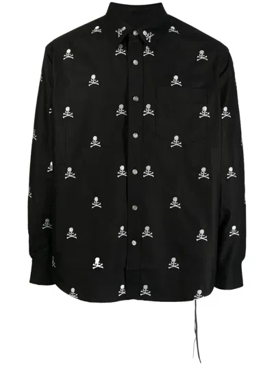 Mastermind Japan Embroidered-skull Long-sleeve Shirt In Black