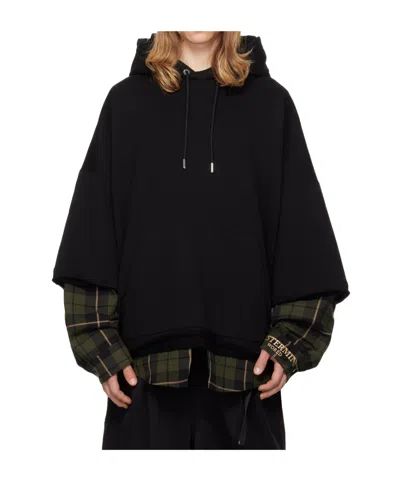Mastermind Japan Black Boxy Layered Hoodie In Black X Olive Plaid