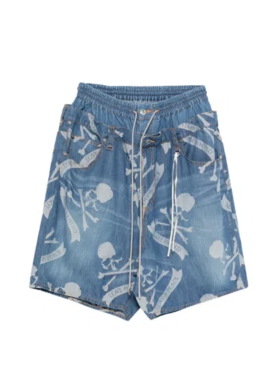 Mastermind Japan Patterned Denim Shorts In Blue
