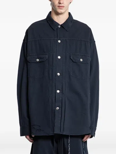 Mastermind Japan Skull Distressed Denim Shirt In Blue