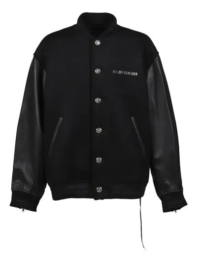 Mastermind Japan Skull-embellished Leather-sleeved Jacket In Black