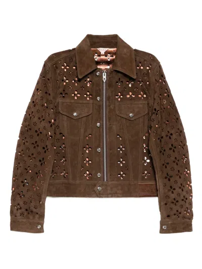 Masu Flower Hole Leather Jacket In Brown