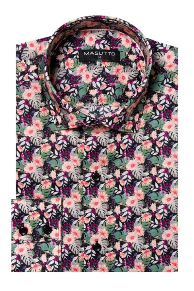 Masutto Calama Print Button-up Long Sleeve Shirt In Black