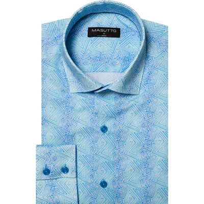 Masutto Faro Aqua Blue Geometric Pattern Button-up Long Sleeve Shirt