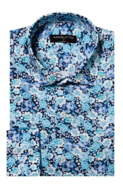 Masutto Johnson Multi Navy Floral Print Button-up Long Sleeve Shirt In Blue