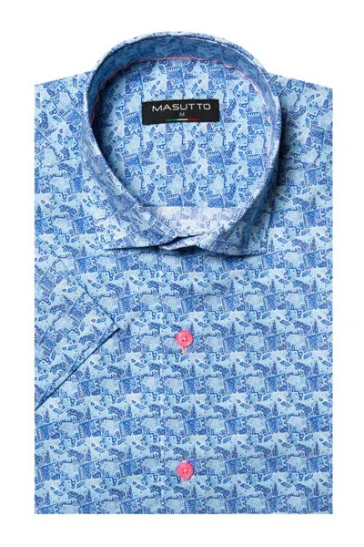 Masutto Louis Print Button-up Short Sleeve Shirt In Blue