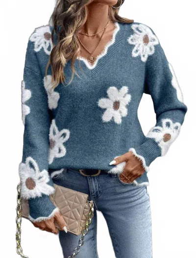 Masyal Floral Jacquard V-neck Sweater In Sea Blue