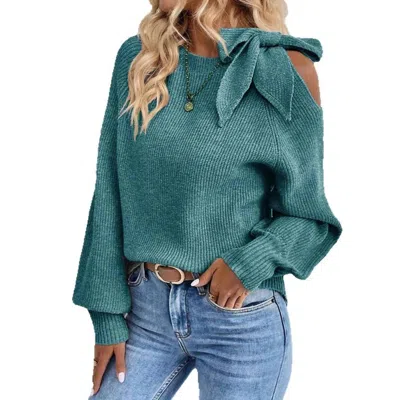 Masyal Tabitha Bow Lantern Sleeve Knit Cardigan Sweater In Malachite Green In Blue
