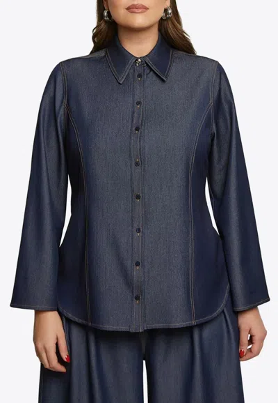 Mat Fashion Flared Denim Shirt With Back-belt In Blue
