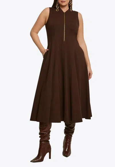 Mat Fashion Half-zip Flared Midi Dress In Brown