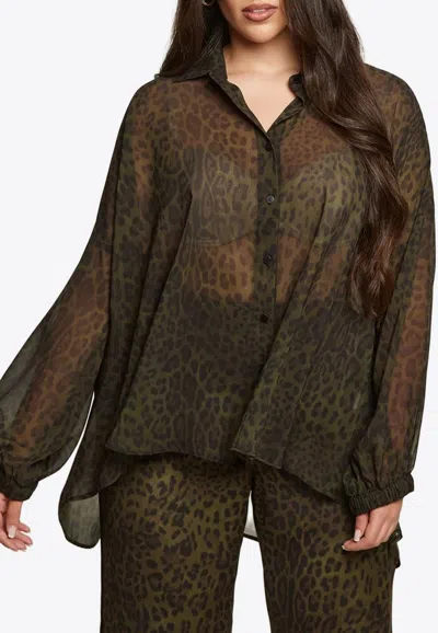 Mat Fashion Leopard Print Semi-sheer Shirt In Green