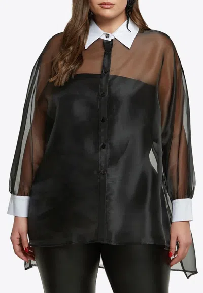 Mat Fashion Long-sleeved Tulle Shirt With Contrasting-collar In Black