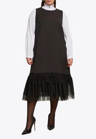 Mat Fashion Pinstripe Midi Dress With Lace-hem In Black