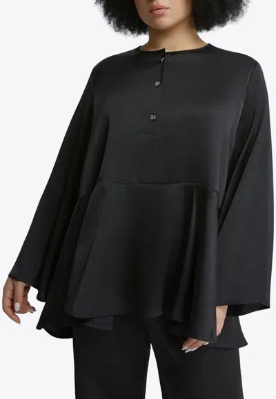 Mat Fashion Satin Flowy Long-sleeved Blouse In Black