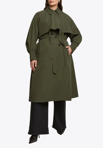 Mat Fashion Trench Coat With Belt And Cape In Green