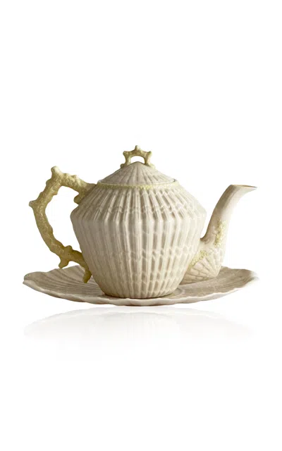 Materia Designs - Exclusive: Materi(a)ntiques Ivory And Pale Yellow Porcelain Fluted Teapot With Dis In Multi