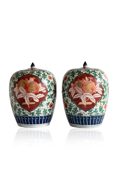 Materia Designs - Exclusive: Materi(a)ntiques Large Porcelain Lidded Urn Set With Green; Red; Blue A In Multi
