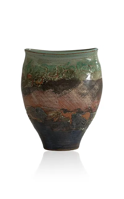 Materia Designs - Exclusive: Materi(a)ntiques Medium Ovoid Studio Pottery Vessel With Layered Green/ In Multi