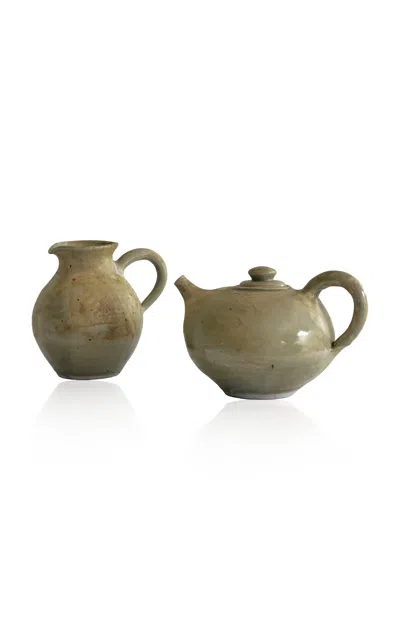 Materia Designs - Exclusive: Materi(a)ntiques Set Of Small Round Greige Studio Pottery Teapot And Pi In Brown