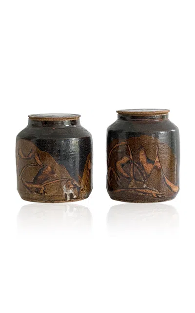 Materia Designs - Exclusive: Materi(a)ntiques Set Of Two Medium Brown And Ochre Glazed Lidded Cerami In Multi