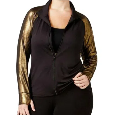 Material Girl Women's Active Plus Size Metallic Sleeve Jacket In Black/gold