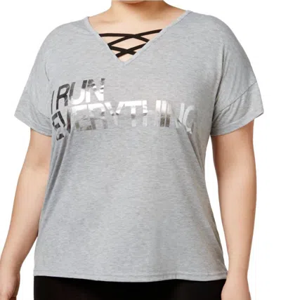 Material Girl Women's Active Plus Size Run Everything Graphic T-shirt In Heather Platinum In Gray
