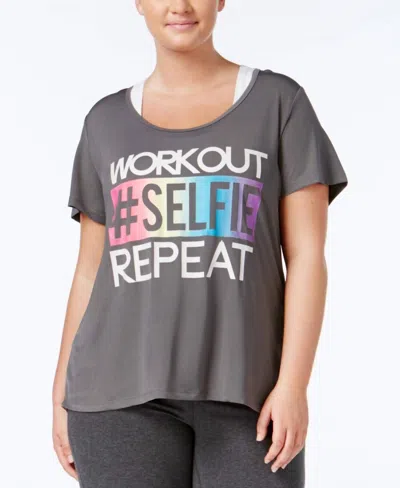 Material Girl Women's Activewear Plus Size Metallic Patchwork T-shirt In Heather Charcoal Heather In Gray