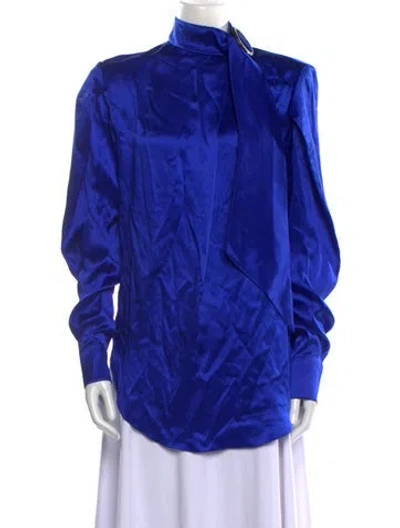 Pre-owned Materiel Silk Mock Neck Blouse In Blue