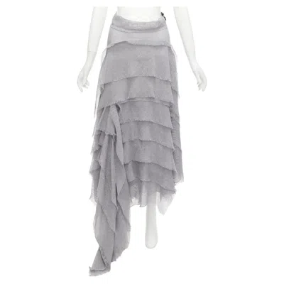 Pre-owned Maticevski 2018 Winning Grey Drape Raw Ruffle Asymmetric Tiered Skirt Aus10 M In Gray