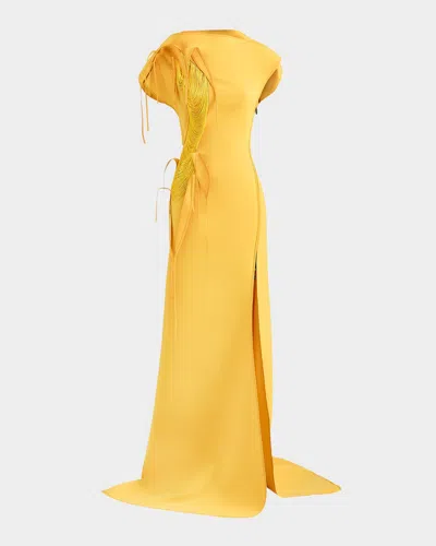 Maticevski Alena Fringe Applique Slit Gown In Sunshine Fringe