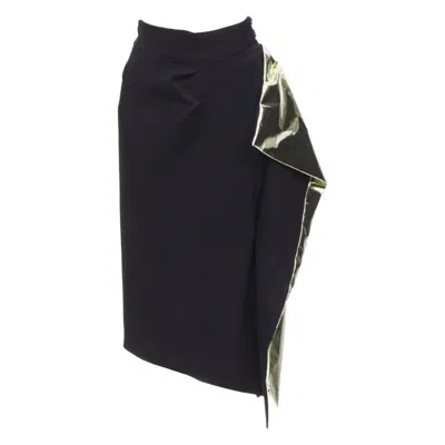 Pre-owned Maticevski Alkali Gold Foil Pleated 3d Drape High Waisted Midi Skirt Aus10 S In Black