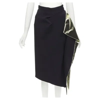 Pre-owned Maticevski Alkali Gold Foil Pleated 3d Drape High Waisted Midi Skirt Aus10 S In Black