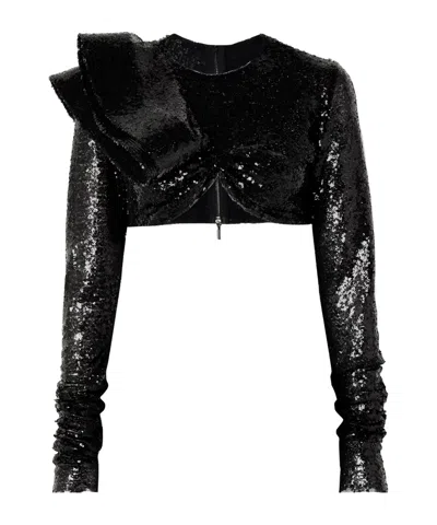 Maticevski Cropped Ruffled Sequined Mesh Top In Black