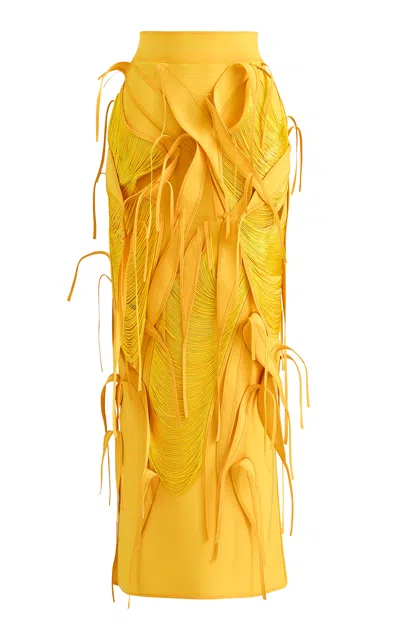 Maticevski Exponent Leaf Fringed Linen-blend Maxi Skirt In Yellow