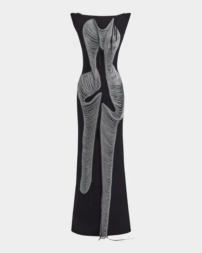 Maticevski Figural Fringe Gown In Black Pewter Fringe