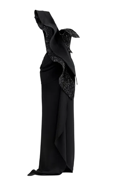 Maticevski Pantheon Wave One-shoulder Chiffon Gown In Black