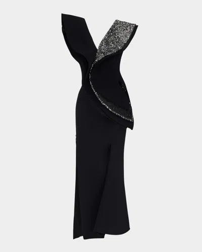 Maticevski Revive Wave Sequined-ruffle Slit Midi Dress In Black Universe