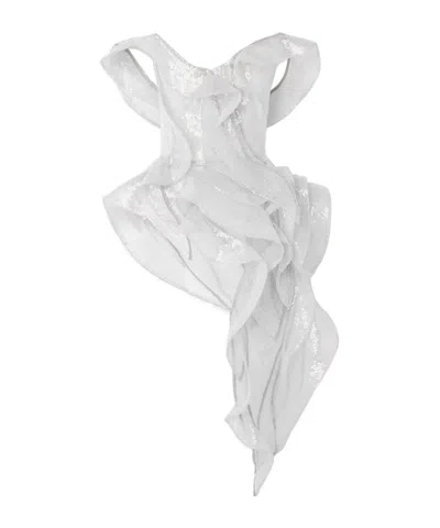 Maticevski Liora Wave Asymmetric Ruffled Sequined Mesh Top In White
