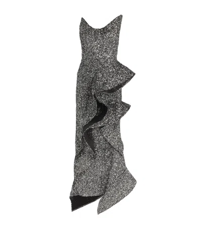 Maticevski Thistle Wave Asymmetric Ruffled Sequined Crepe Gown In Silver