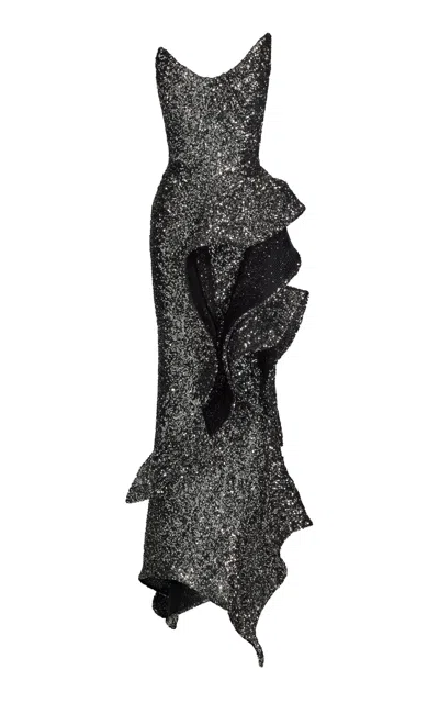 Maticevski Thistle Wave Strapless Sequin Gown In Silver