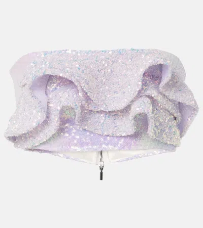 Maticevski Together Wave Ruffled Sequined Bandeau Top In Quartz / Mermaid