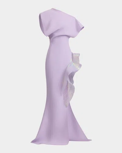 Maticevski Wishing Sequined-ruffle Slit One-shoulder Gown In Purple