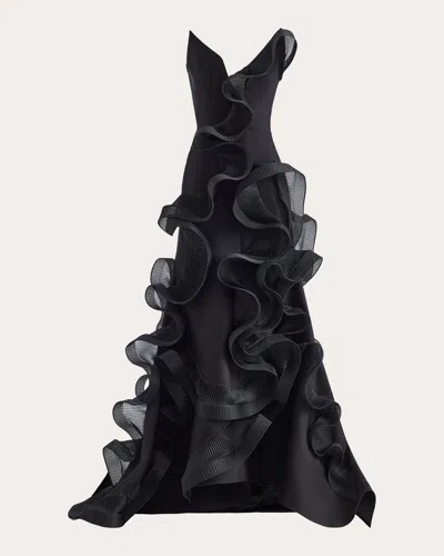 Maticevski Women's Explode Pleated Wave Wool Silk Strapless Gown In Black Wool/pleat Waves
