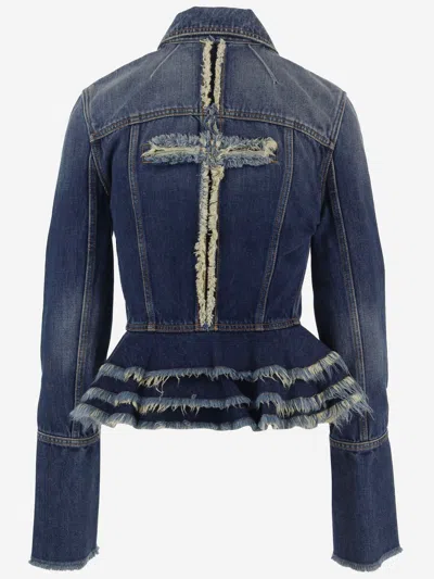 Matieres Fecales Matières Fécales Fringed Peplum Cotton Denim Jacket In Blue